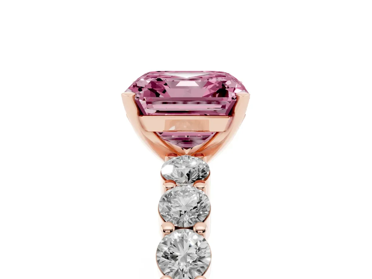Fancy Pink Asscher Cut Diamond Solitaire Ring with Shared Prong Round Side Stones Rose gold