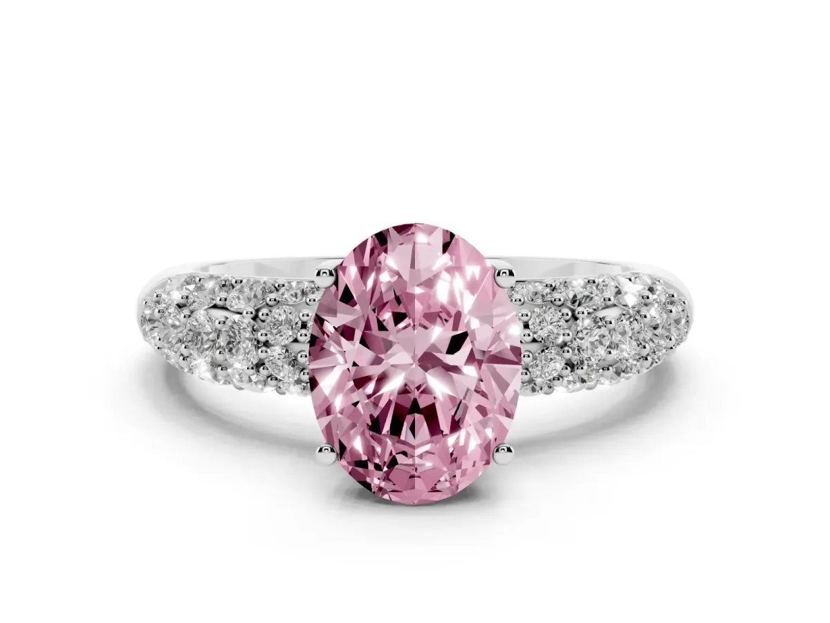 Fancy Pink Oval Cut Diamond Pavé Band Solitaire Ring with Four-Prong Setting White gold