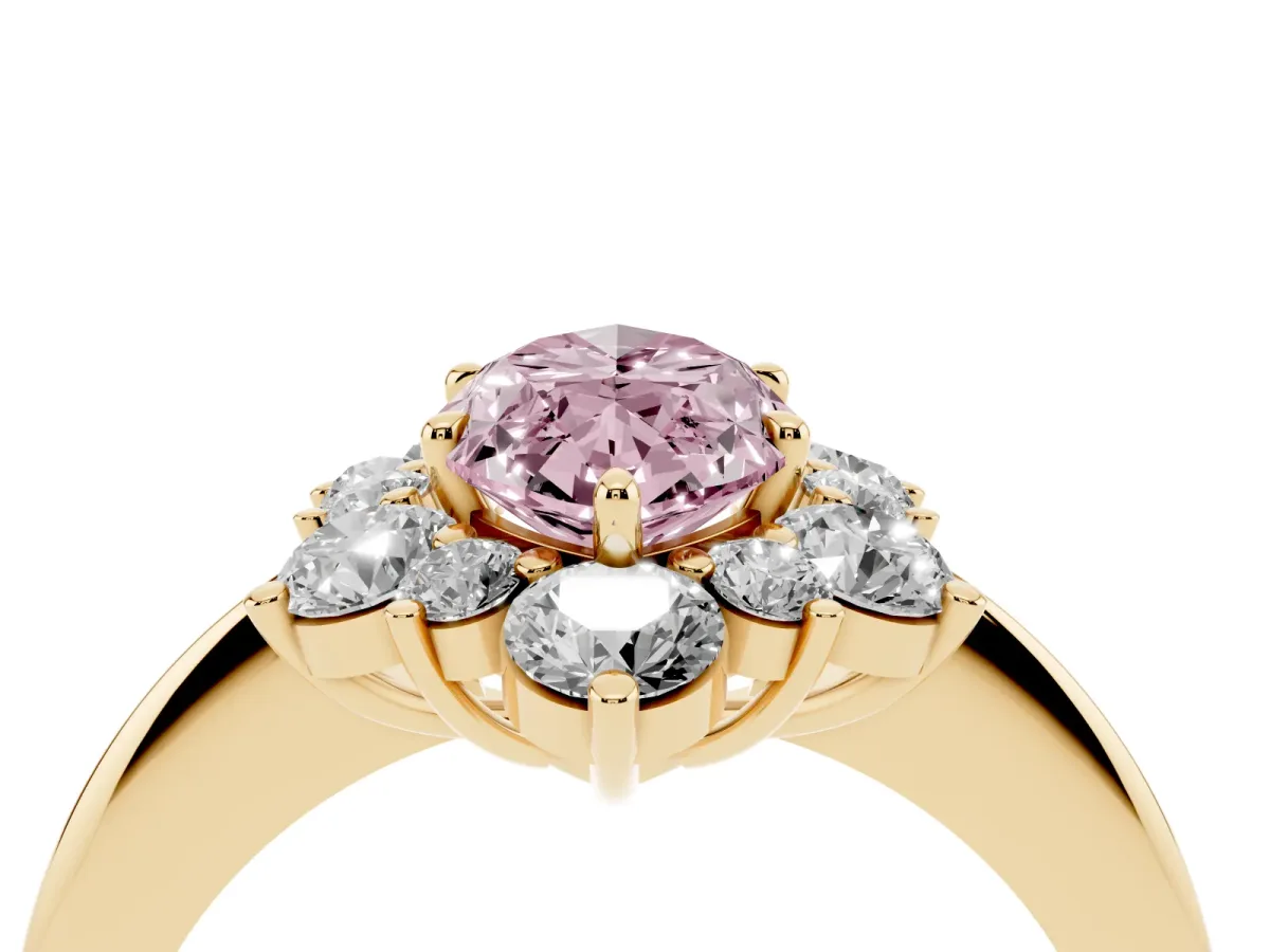 Fancy Pink Marquise Cut Diamond Cluster Halo Ring with Solitaire Band and Four-Prong Setting Yellow gold