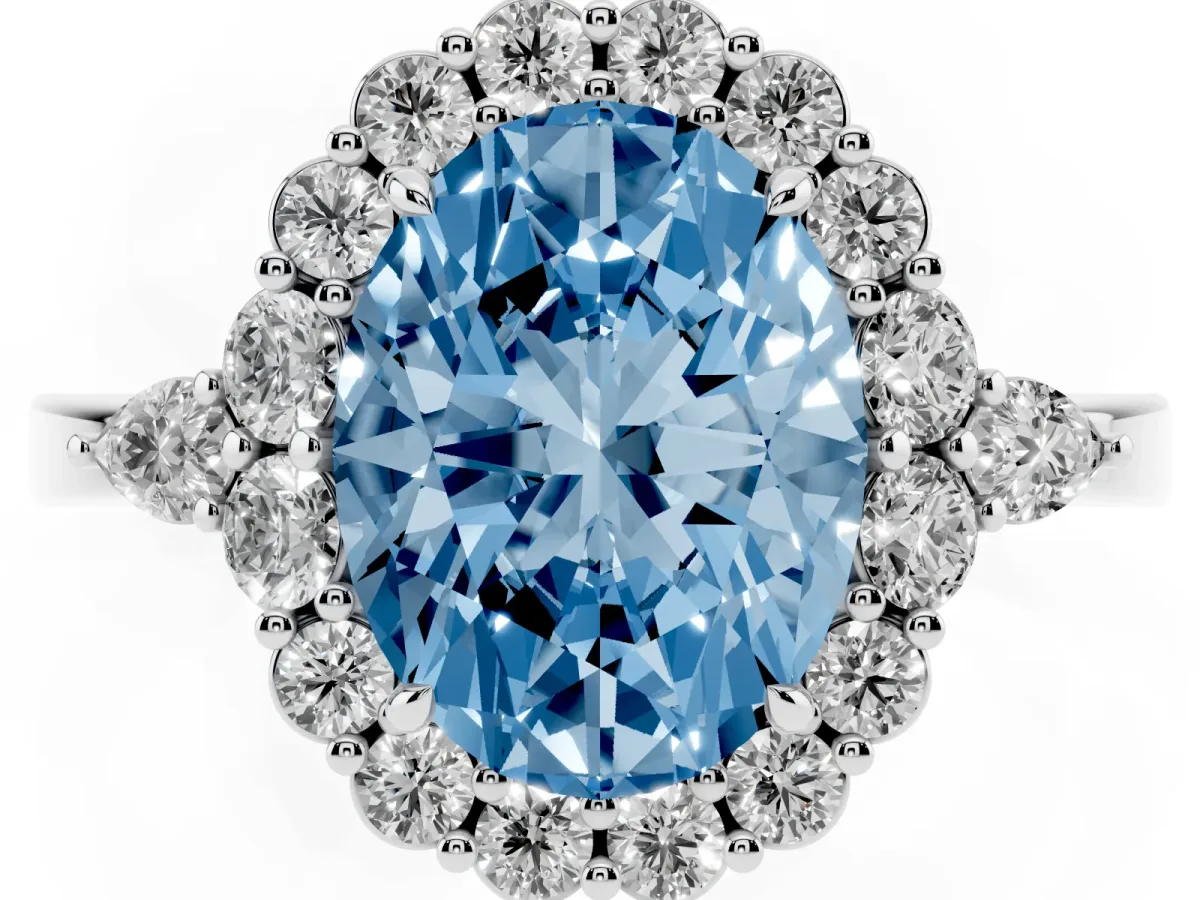 Fancy Blue Oval Cut Diamond Halo Ring with Pear Side Stones and Prong Setting Silver