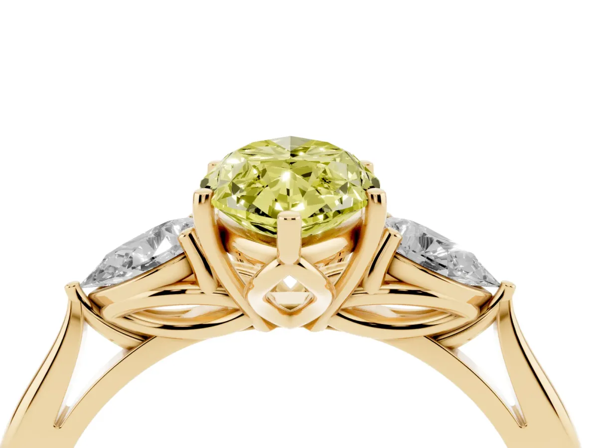 Fancy Yellow Three-Stone Marquise Cut Brilliant Diamond Solitaire Ring with Tapered Band and Four-Prong Setting Yellow gold