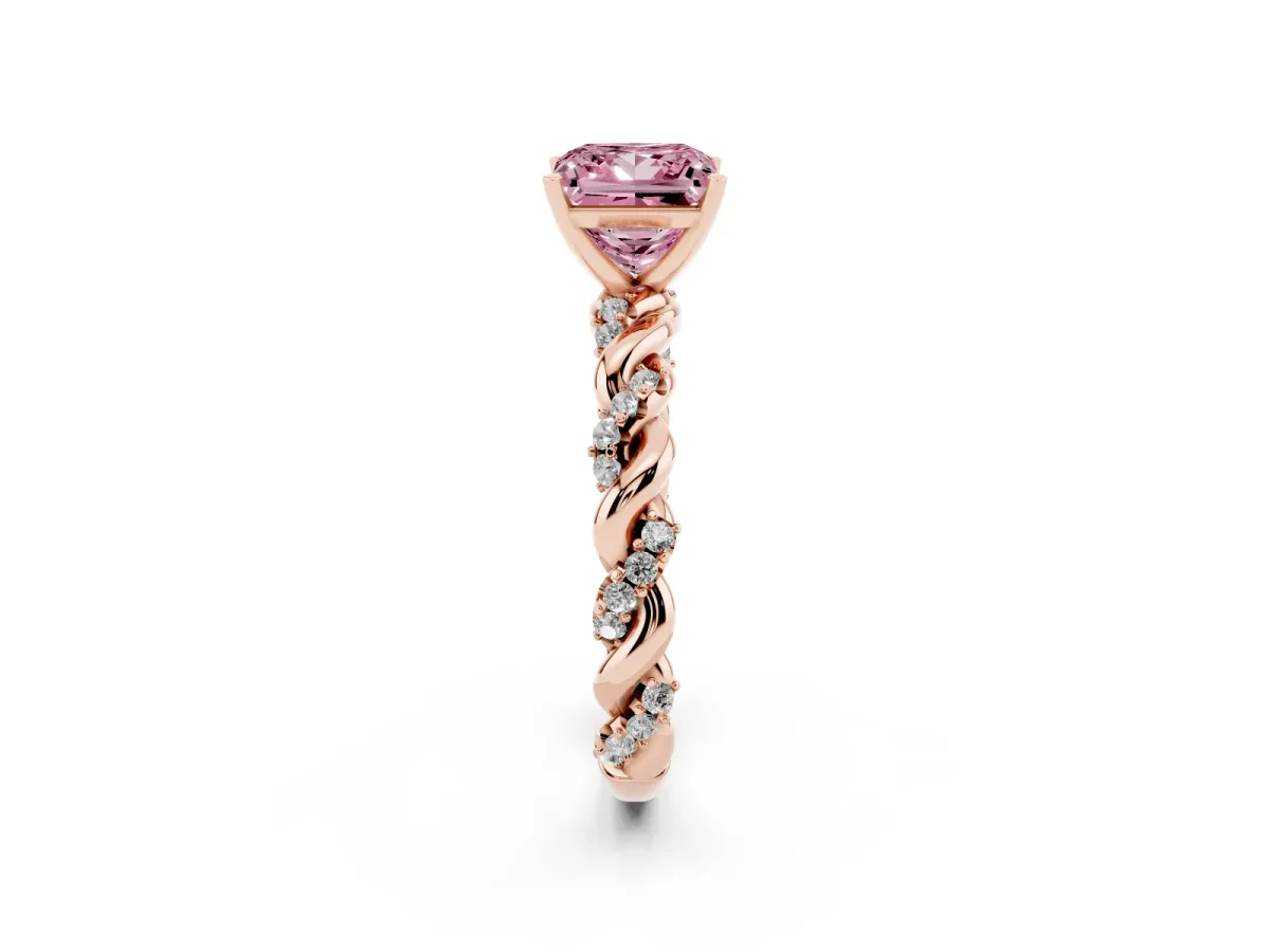 Fancy Pink Princess Cut Diamond Solitaire Ring with Twisted Band and Pavé Accents Rose gold