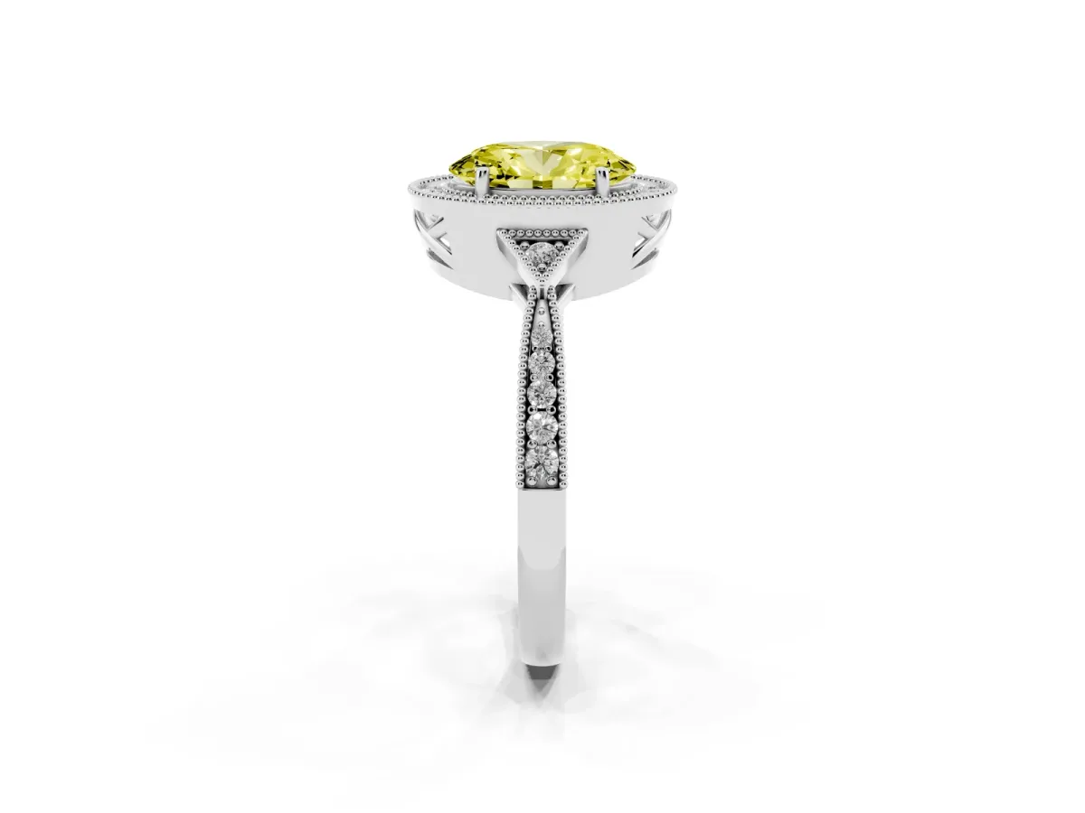 Fancy Yellow Oval Cut Halo Round Diamond Milgrain Pave Engagement Ring Platinum