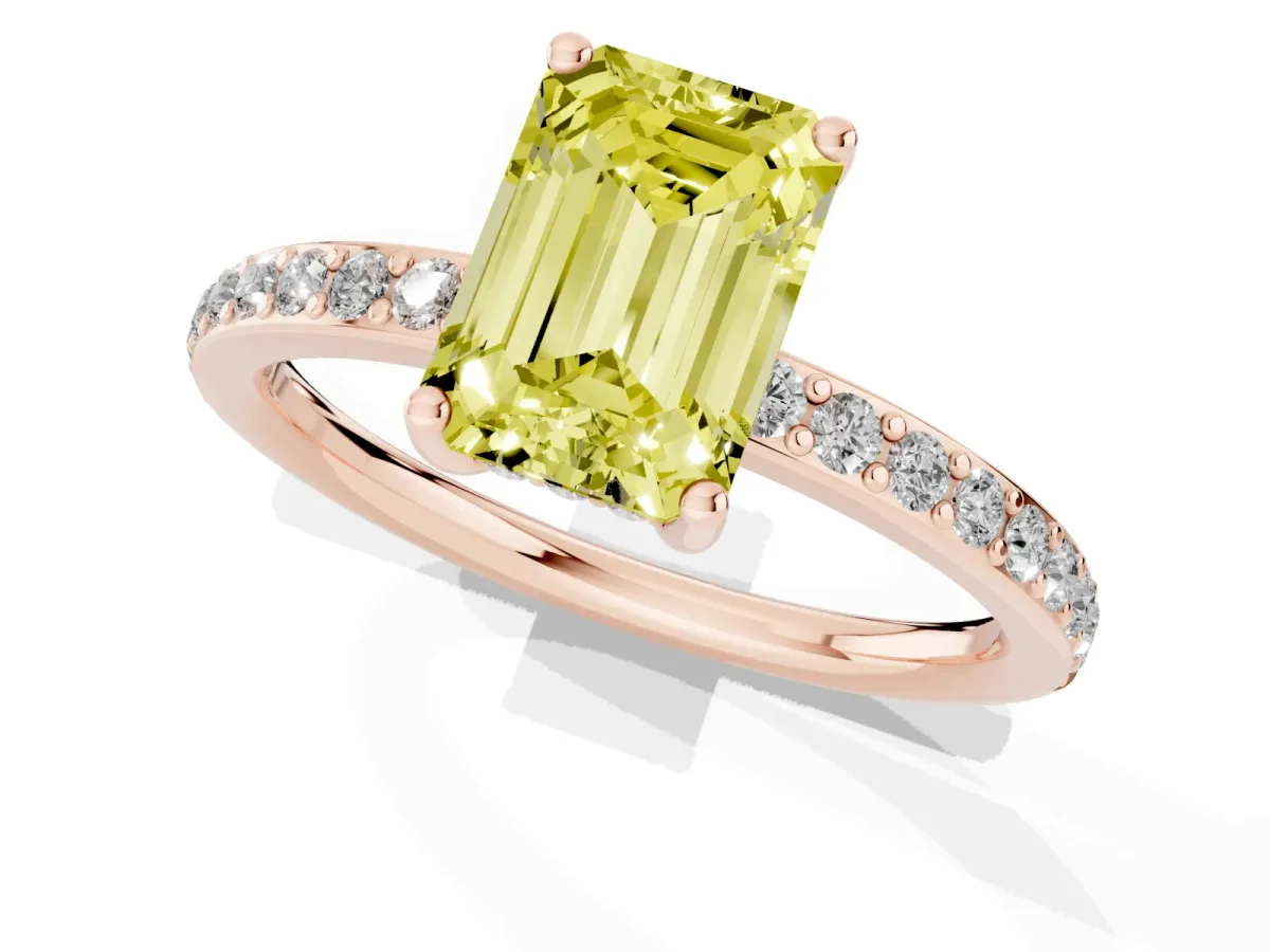 Fancy Yellow Emerald Cut Cut Diamond Pavé Band Ring with Four-Prong Setting Rose gold