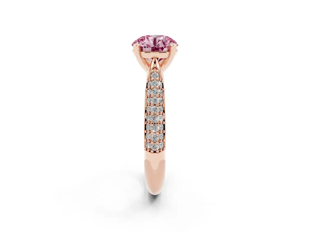 Fancy Pink Round Cut Diamond Solitaire Engagement Ring with Multi-Row Round Pavé Band and Prong Setting Rose gold