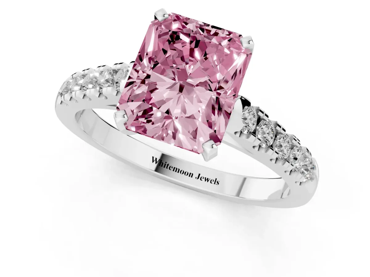 Fancy Pink Radiant Cut Diamond Pavé Band Solitaire Ring with Prong Setting Silver