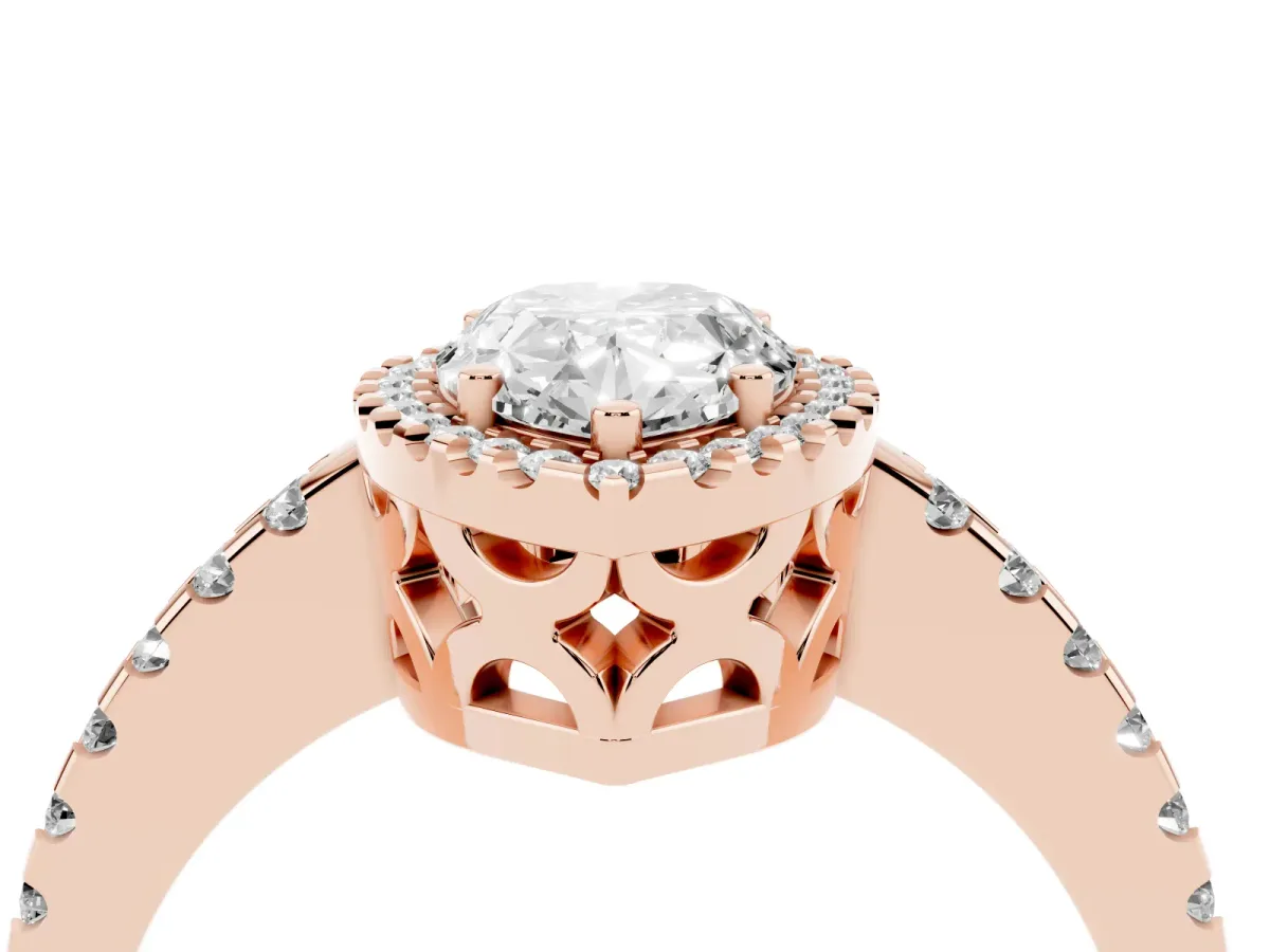 Pear Cut Diamond Halo Engagement Ring with Pavé Band and Prong Setting Rose gold