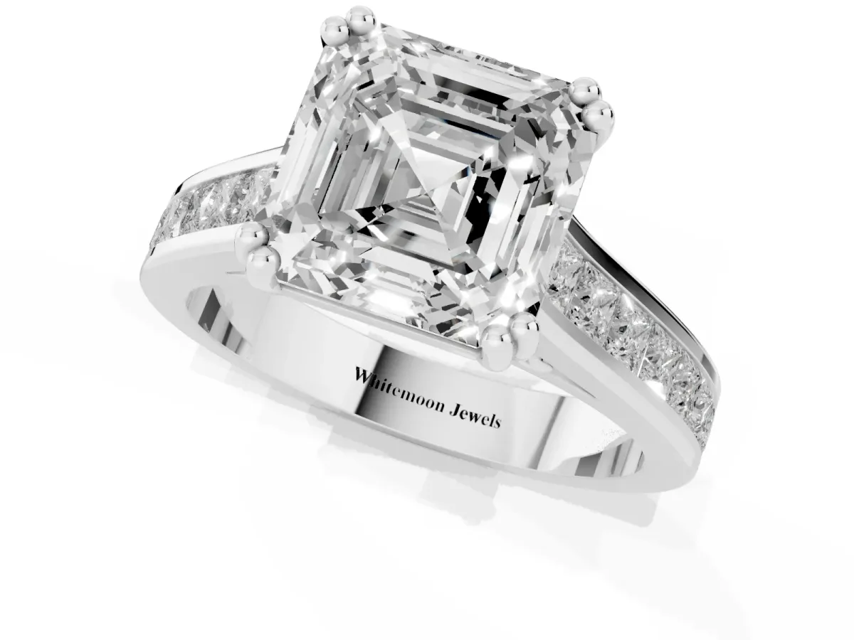 Asscher Cut Cut Channel Set Solitaire Engagement Ring with Prong Setting Silver
