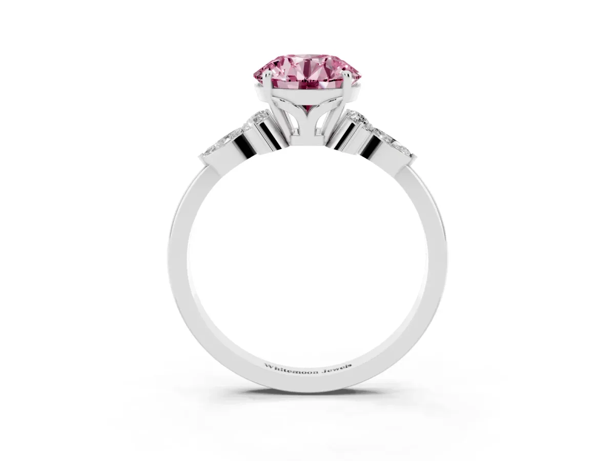 Fancy Pink Round Cut Brilliant Diamond Solitaire Ring with Pear Side Stones and Four-Prong Setting White gold