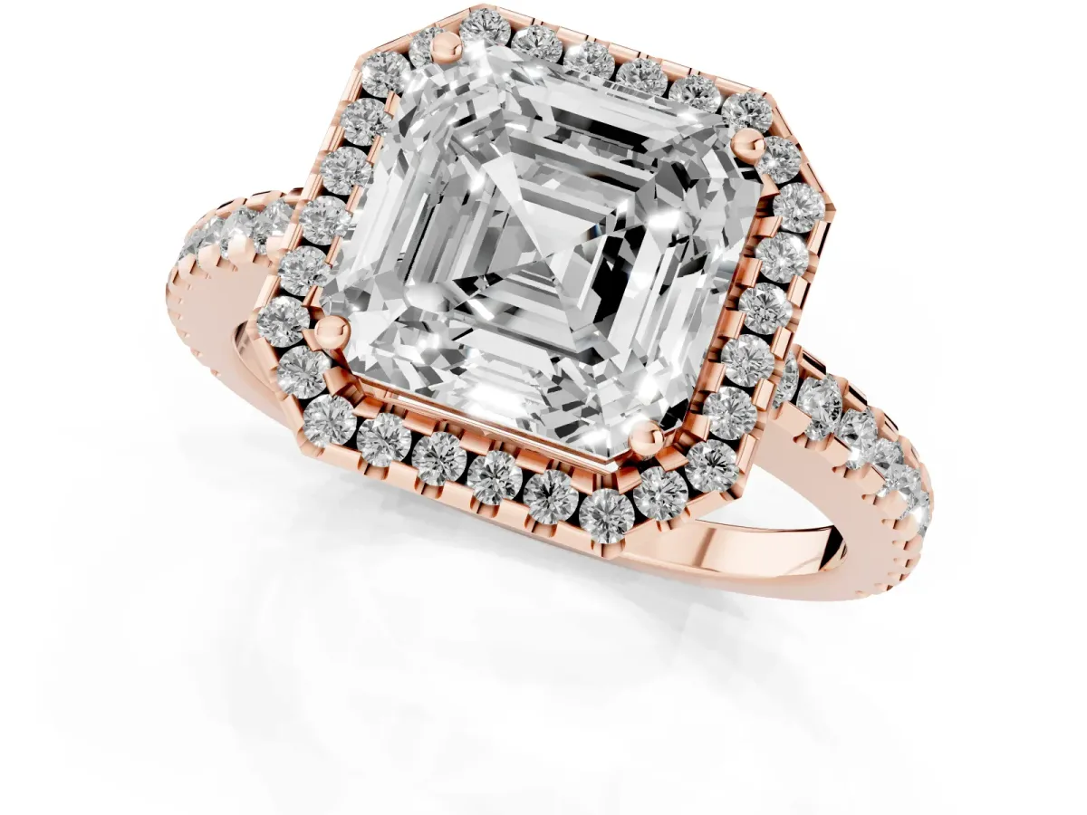 Asscher Cut Diamond Halo Engagement Ring with Pavé Band and Prong Setting Rose gold