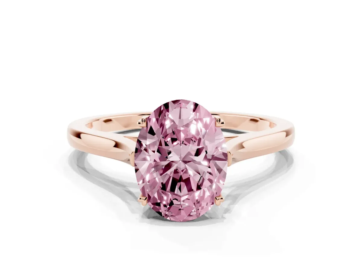 Fancy Pink Oval Cut Solitaire Heart Prong Engagement Ring with Tapered Band Rose gold