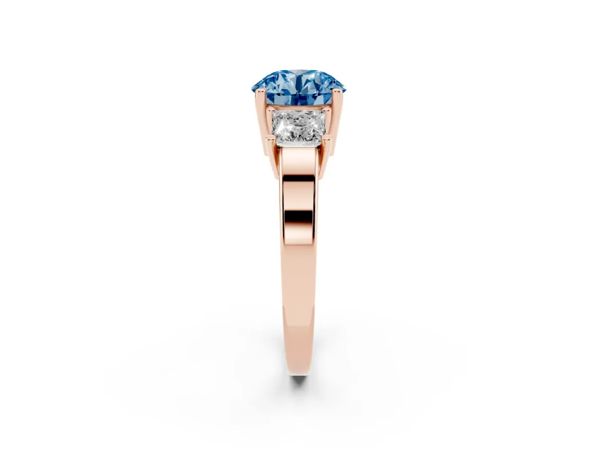 Fancy Blue Three-Stone Round Cut Cut Solitaire Ring with Prong Setting Rose gold