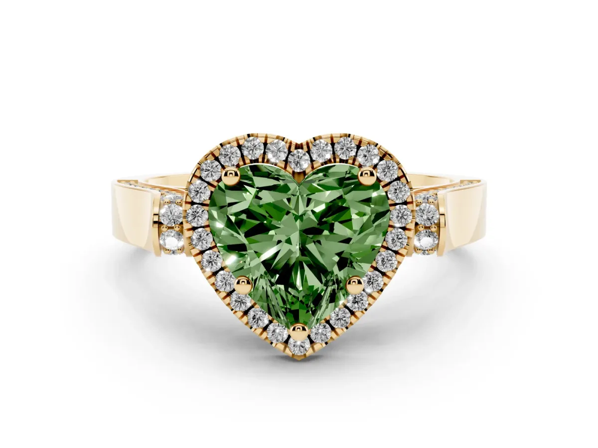 Fancy Green Heart Cut Halo Round Diamond Twist Band with Four-Prong Setting Yellow gold