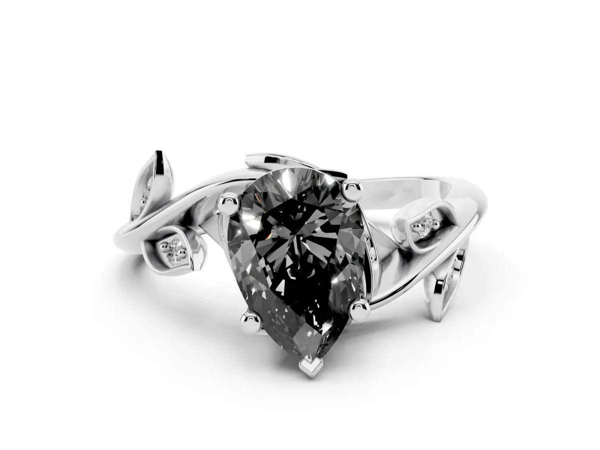 Fancy Black Pear Cut Solitaire Twist Engagement Ring with Leaf Accents and Prong Setting Silver