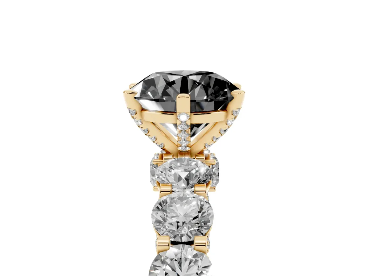Fancy Black Round Cut Diamond Side Stone Engagement Ring with Four-Prong Setting Yellow gold