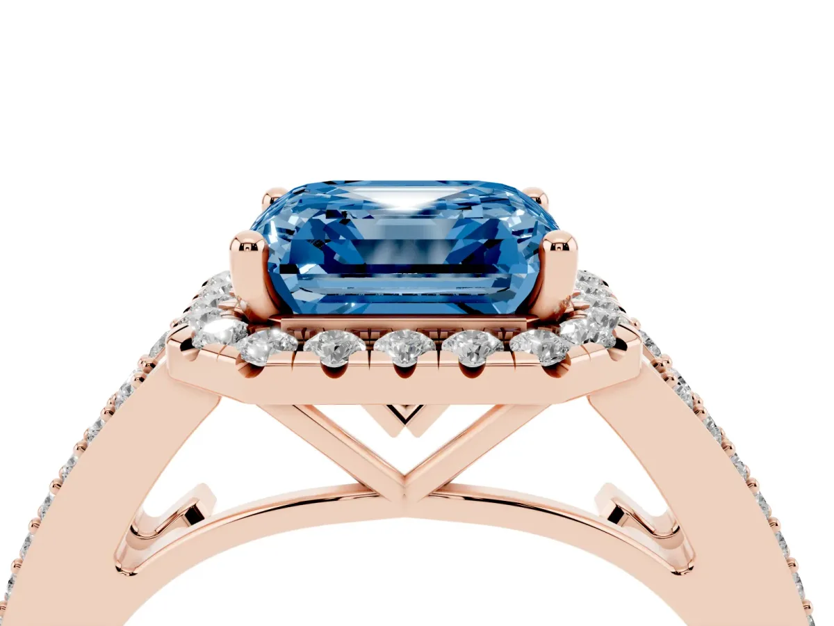 Fancy Blue Asscher Cut Halo Split Shank Diamond Ring with Prong Setting Rose gold