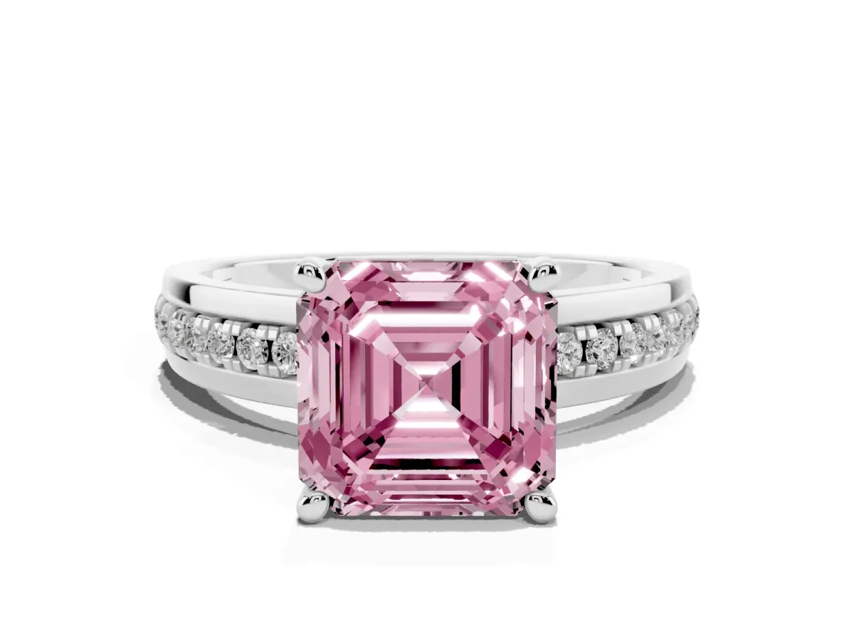 Fancy Pink Asscher Cut Solitaire Diamond Ring with Channel Set Band and Six-Prong Setting White gold