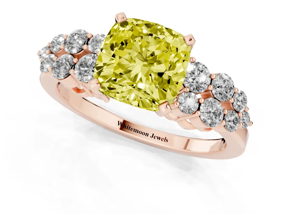 Fancy Yellow Cushion Cut Cluster Diamond Engagement Ring with Pavé Band and Four-Prong Setting Rose gold