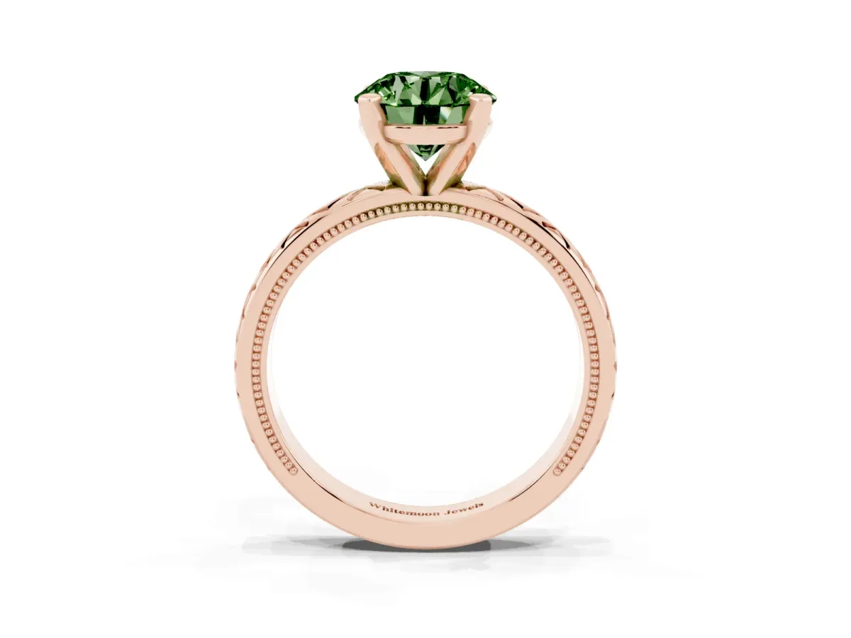 Fancy Green Round Cut Solitaire Diamond Ring with Milgrain and Black Enamel X Pattern Band Rose gold