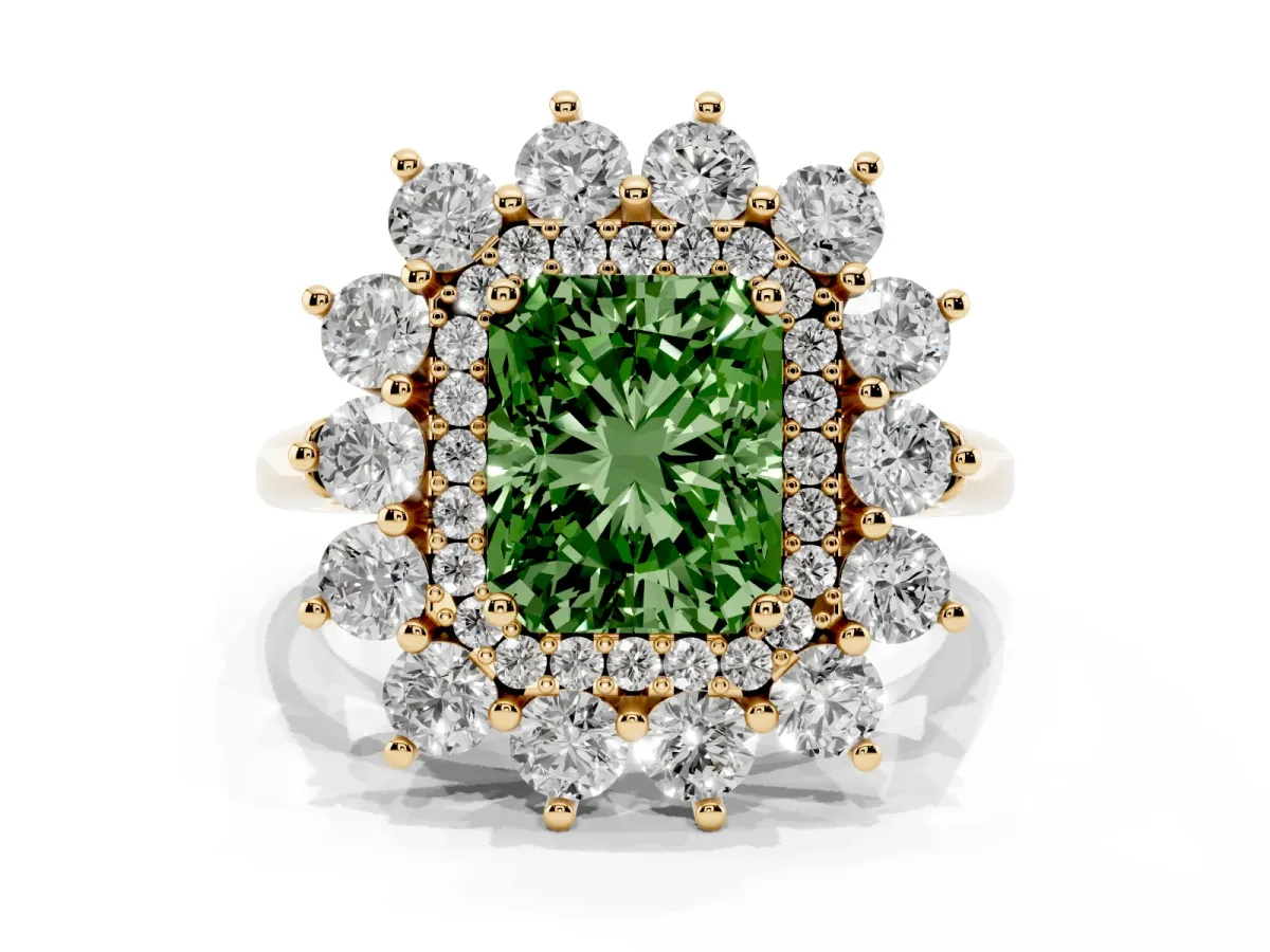 Fancy Green Radiant Cut Diamond Floral Double Halo Engagement Ring with Prong Setting Yellow gold