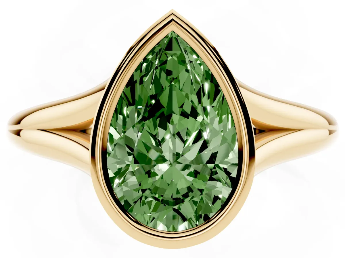 Fancy Green Bezel Set Pear Cut Cut Solitaire Ring with Tapered Band Yellow gold