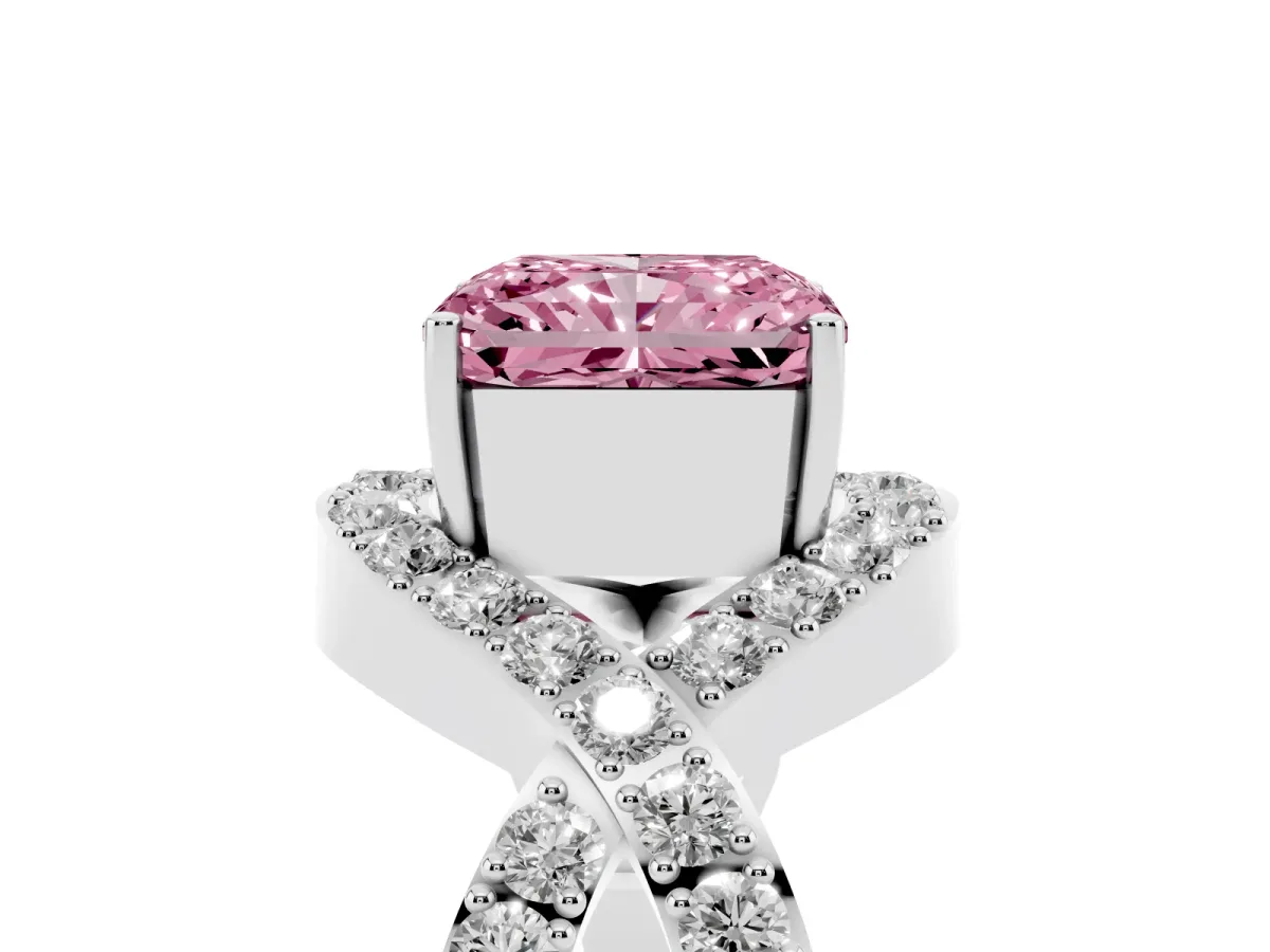 Fancy Pink Radiant Cut Solitaire Twist Band Pavé Diamond Engagement Ring Platinum