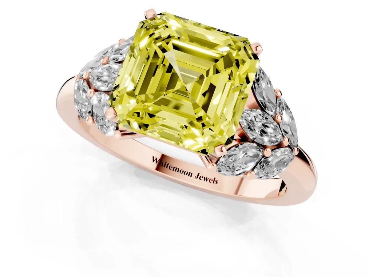 Fancy Yellow Asscher Cut Diamond Cluster Leaf Design Ring with Prong Setting Rose gold