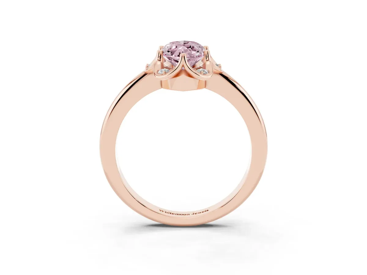 Fancy Pink Marquise Cut Halo Diamond Ring with Round Cluster Setting, Solitaire Band, and Four-Prong Setting Rose gold