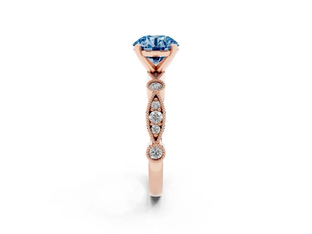 Fancy Blue Round Cut Milgrain Bezel Diamond Engagement Ring with Solitaire Prong Setting Rose gold