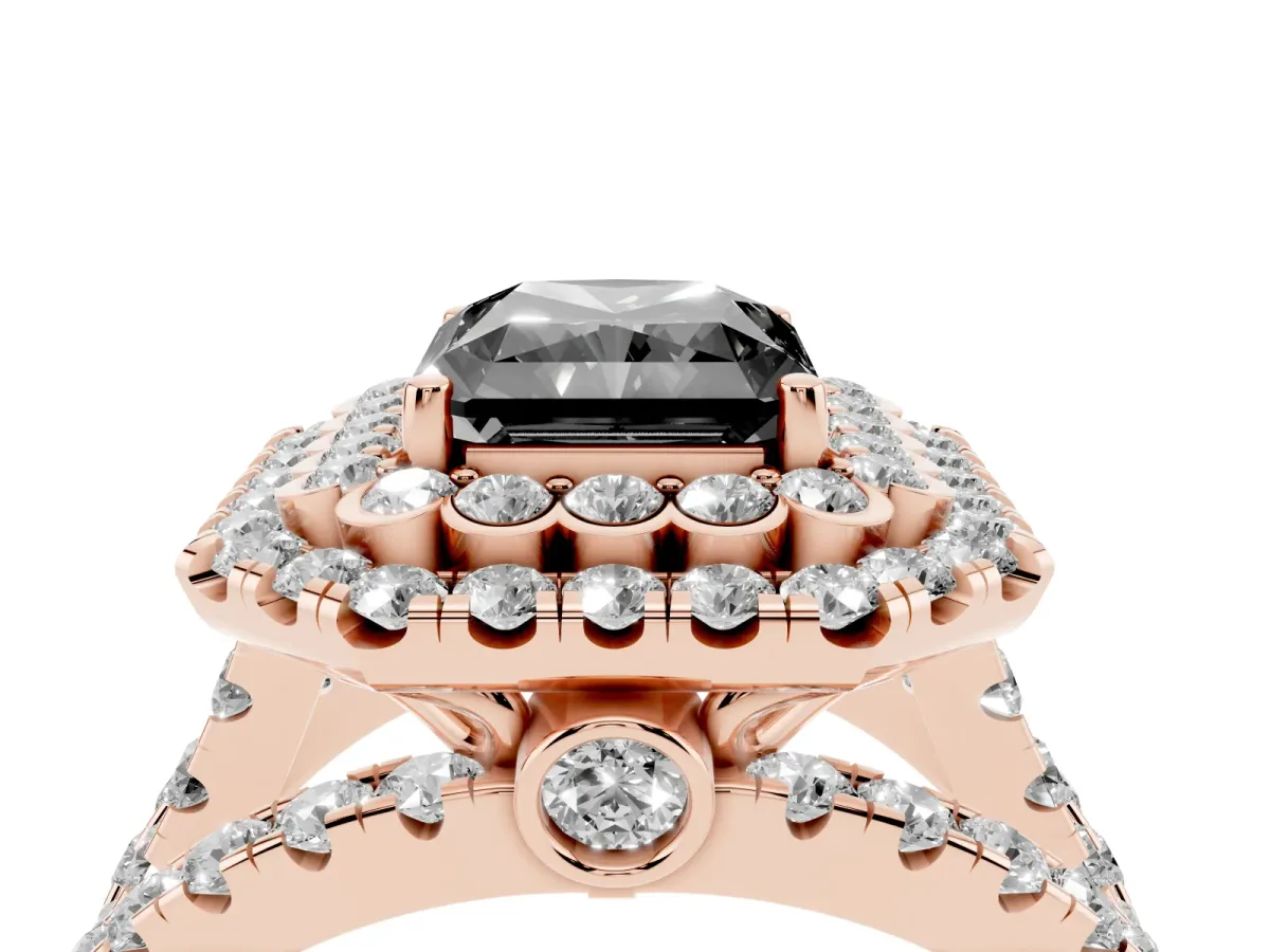 Fancy Black Radiant Cut Diamond Double Halo Ring with Round Pavé Split Shank and Prong Setting Rose gold