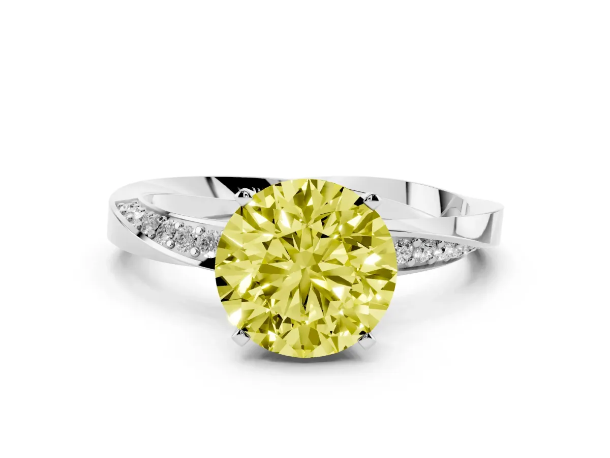 Fancy Yellow Round Cut Diamond Engagement Ring with Side Stone Accents and Four-Prong Setting Platinum