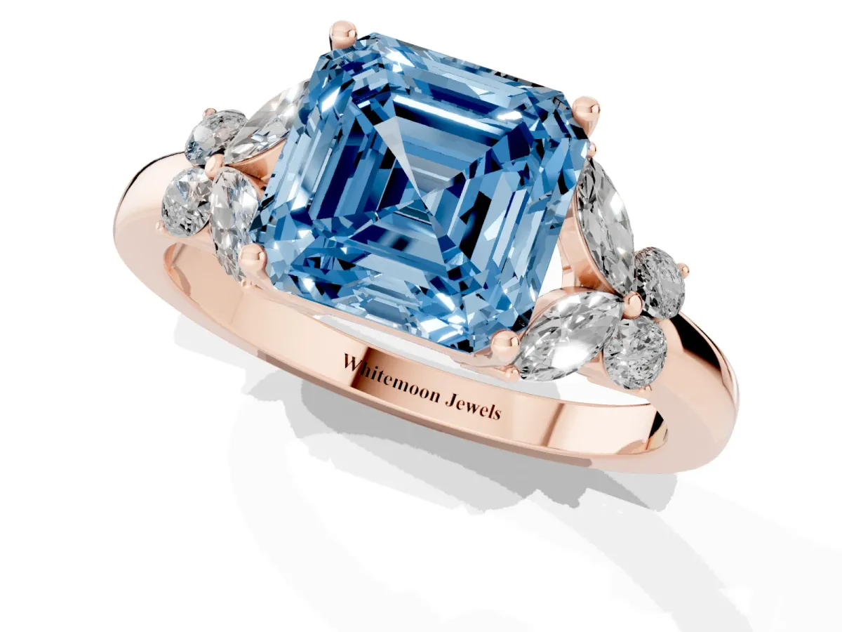 Fancy Blue Asscher Cut Cut Solitaire Floral Diamond Ring with Four-Prong Setting Rose gold