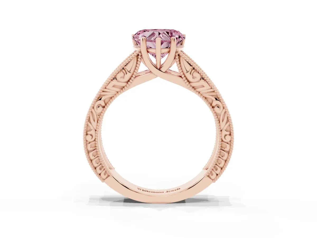 Fancy Pink Heart Cut Diamond Solitaire Ring with Engraved Band and Four-Prong Setting Rose gold