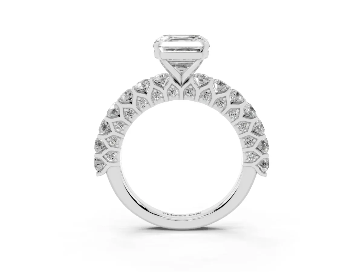 Asscher Cut Diamond Solitaire Ring with Shared Prong Pavé Band and Four-Prong Setting Silver