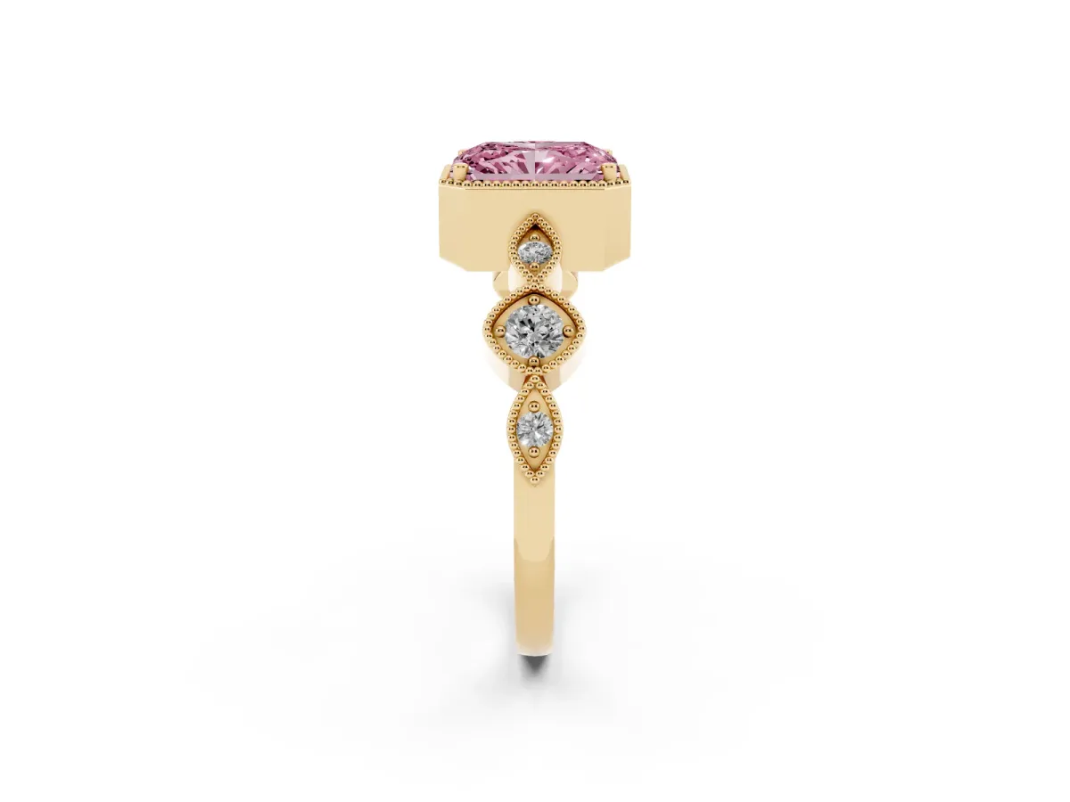 Fancy Pink Radiant Cut Diamond Vintage Milgrain Ring with Round Stations Yellow gold