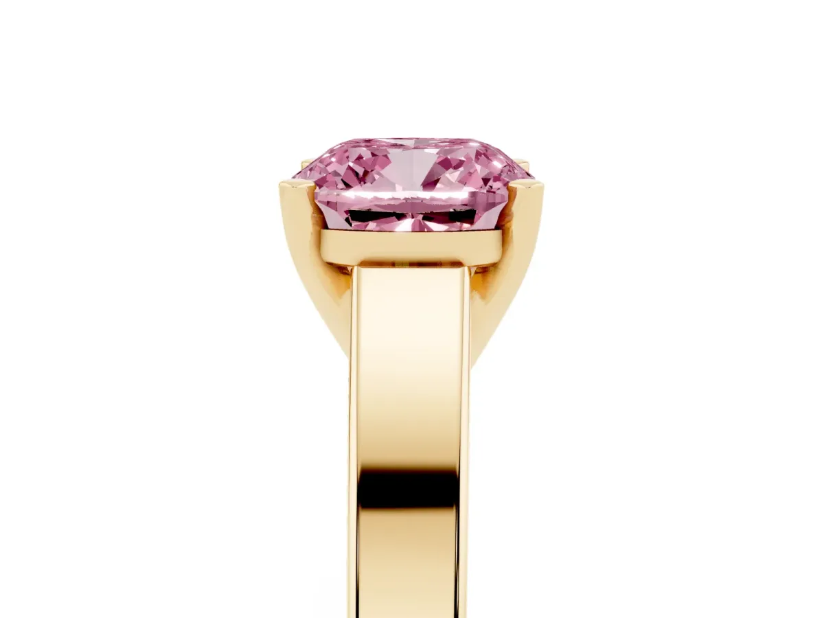 Fancy Pink Cushion Cut Solitaire Engagement Ring with Four-Prong Setting and Tapered Band Yellow gold