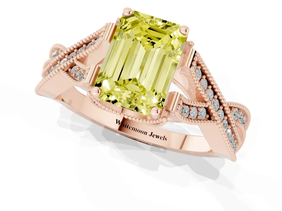Fancy Yellow Emerald Cut Cut Diamond Twisted Band with Milgrain Pave Setting and Four-Prong Setting Rose gold