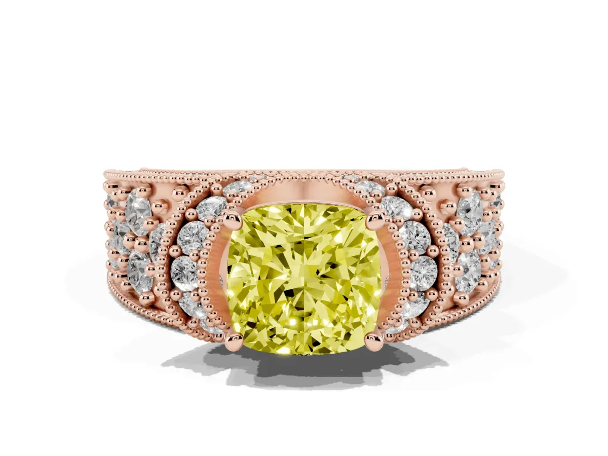 Fancy Yellow Cushion Cut Halo Pave Diamond Engagement Ring with Milgrain Detailing Rose gold
