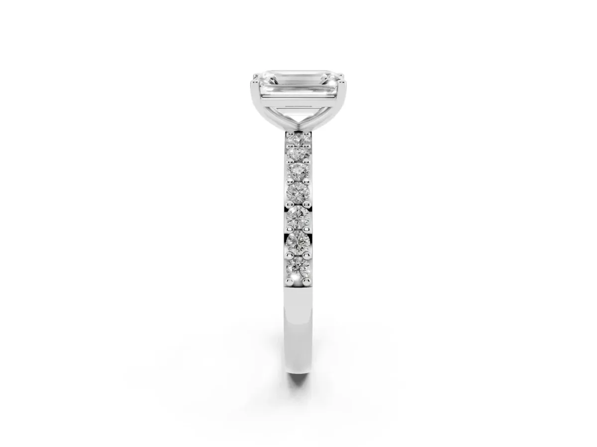 Emerald Cut Cut Diamond Solitaire with Pave Band and Four-Prong Setting Platinum
