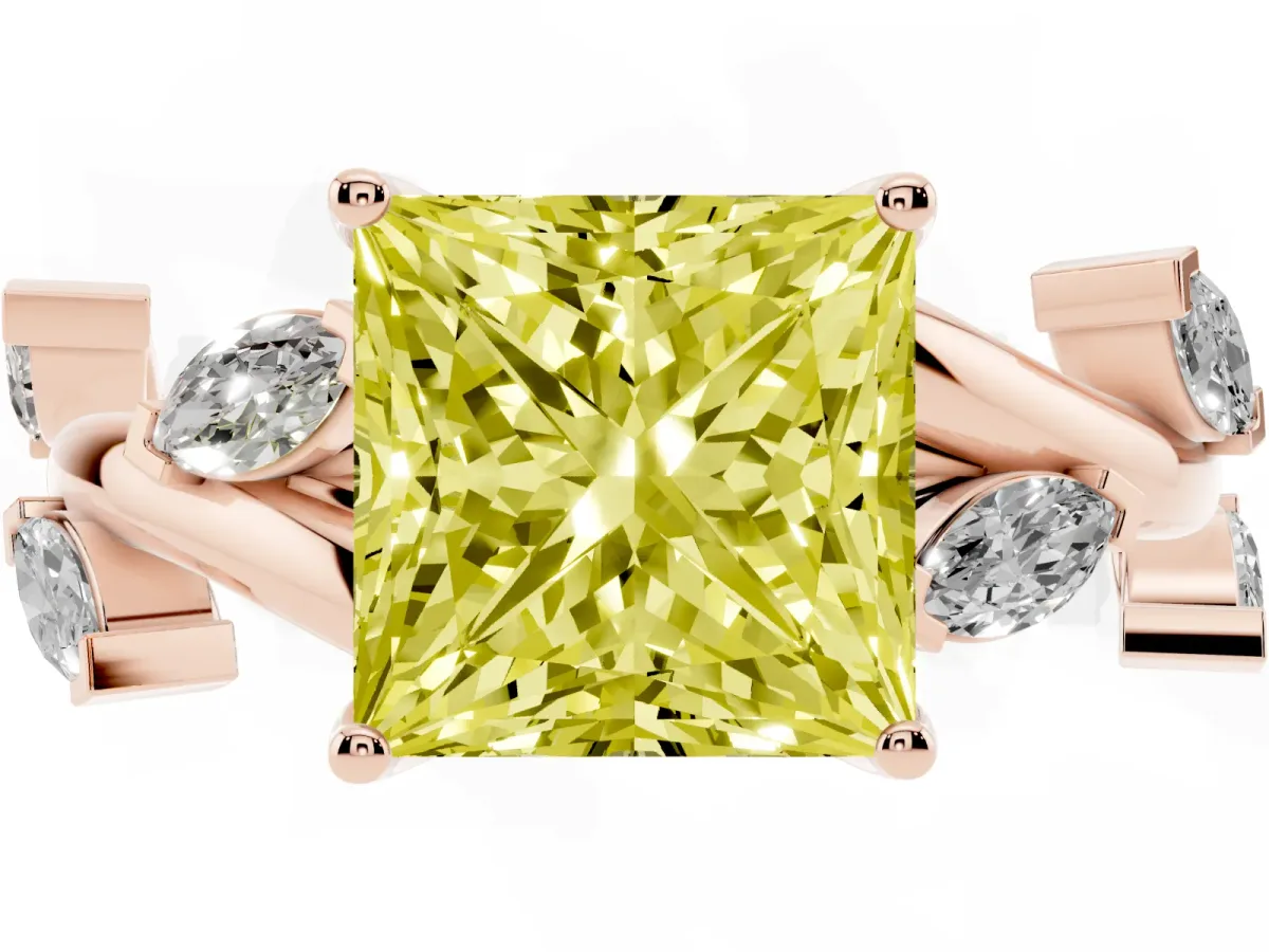 Fancy Yellow Princess Cut Solitaire Twisted Band Marquise Accent Prong Setting Ring Rose gold