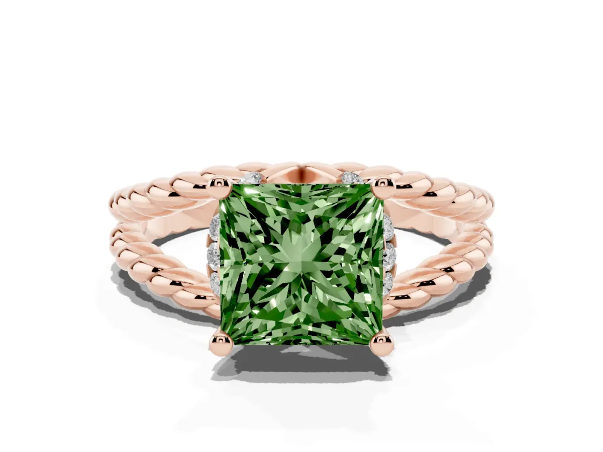 Fancy Green Princess Cut Halo Twisted Band Four-Prong Ring Rose gold