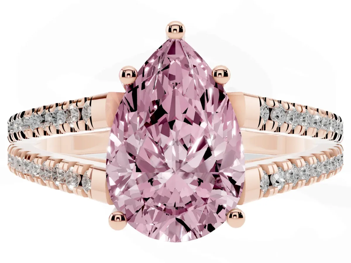 Fancy Pink Pear Cut Diamond Solitaire Engagement Ring with Split Shank Pavé Band Rose gold