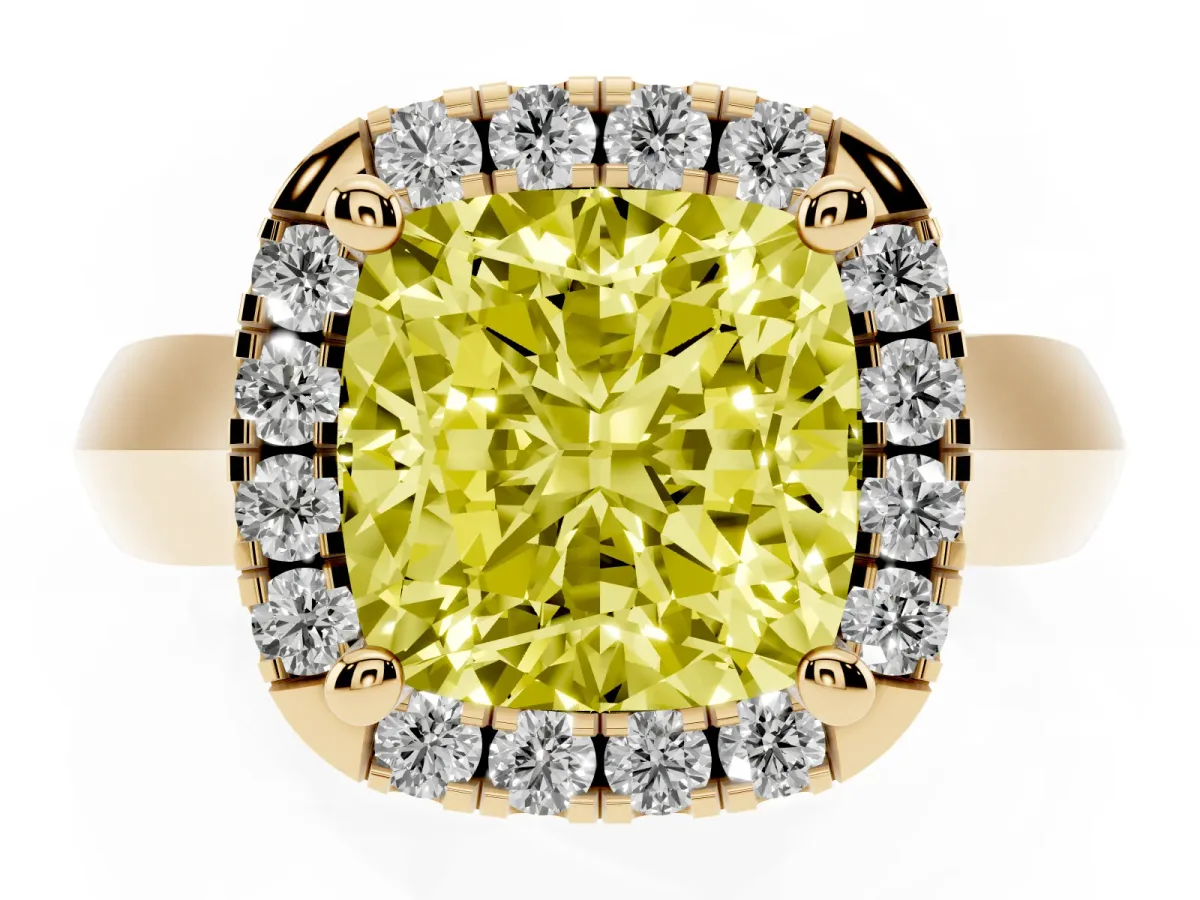 Fancy Yellow Cushion Cut Cut Halo Solitaire Engagement Ring with Square Band and Four-Prong Setting Yellow gold