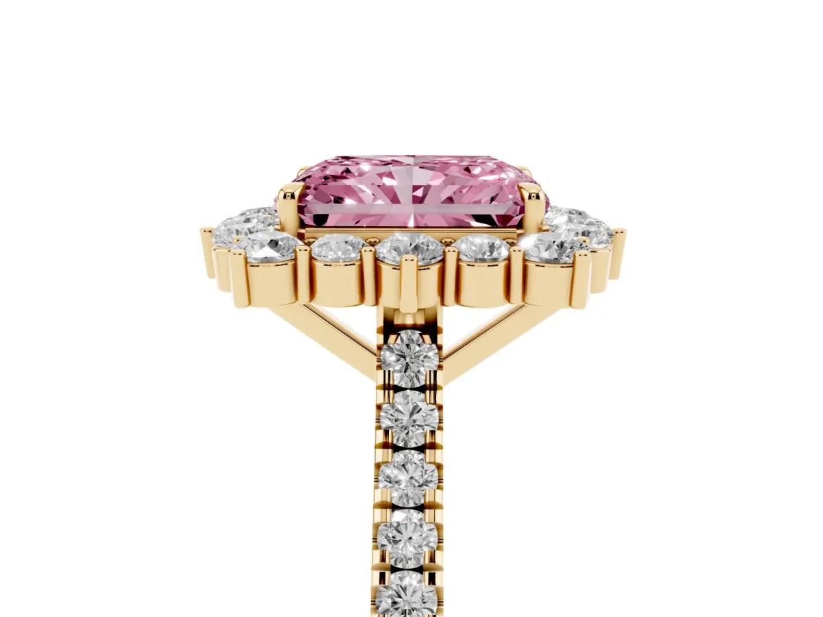 Fancy Pink Radiant Cut Halo Diamond Ring with Pavé Band and Prong Setting Yellow gold