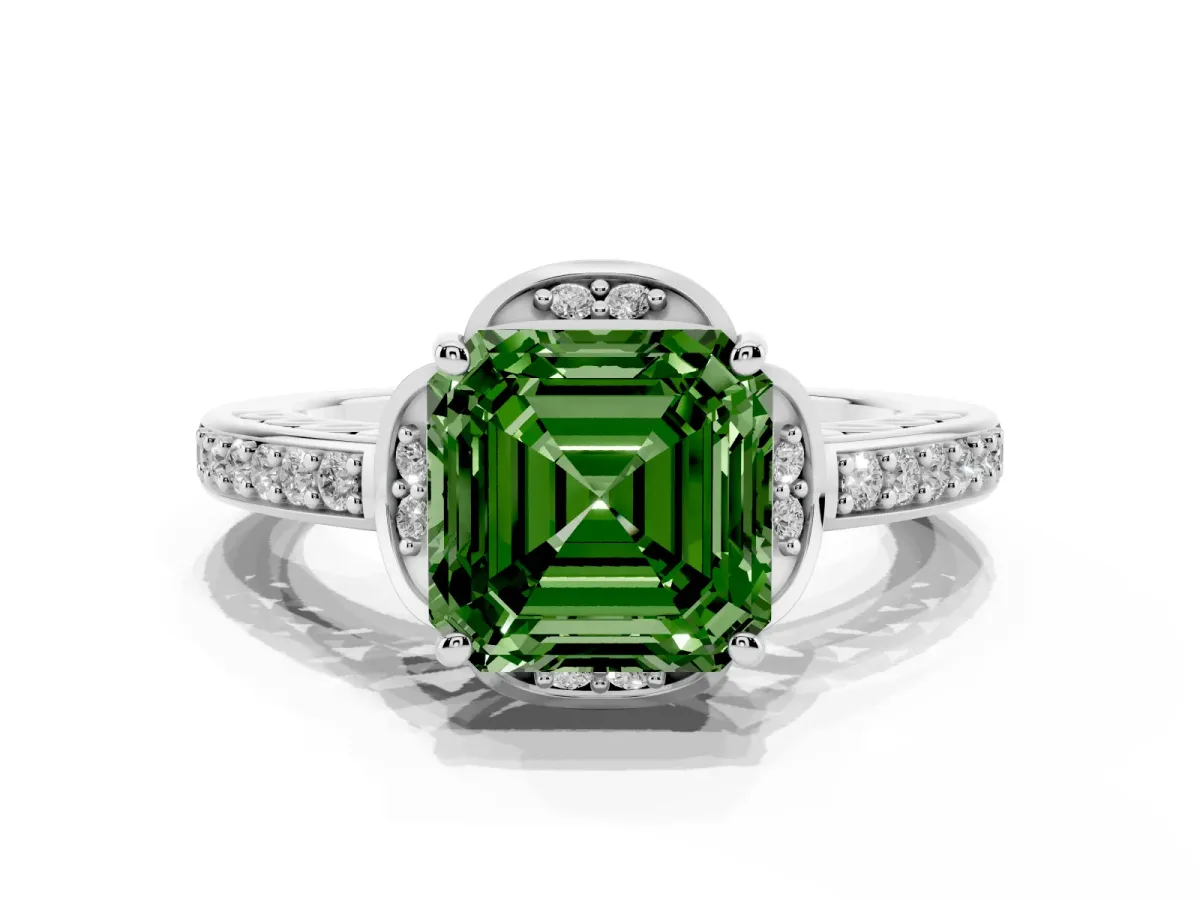 Fancy Green Asscher Cut Cut Halo Diamond Ring with Channel Set Band and Four-Prong Setting White gold