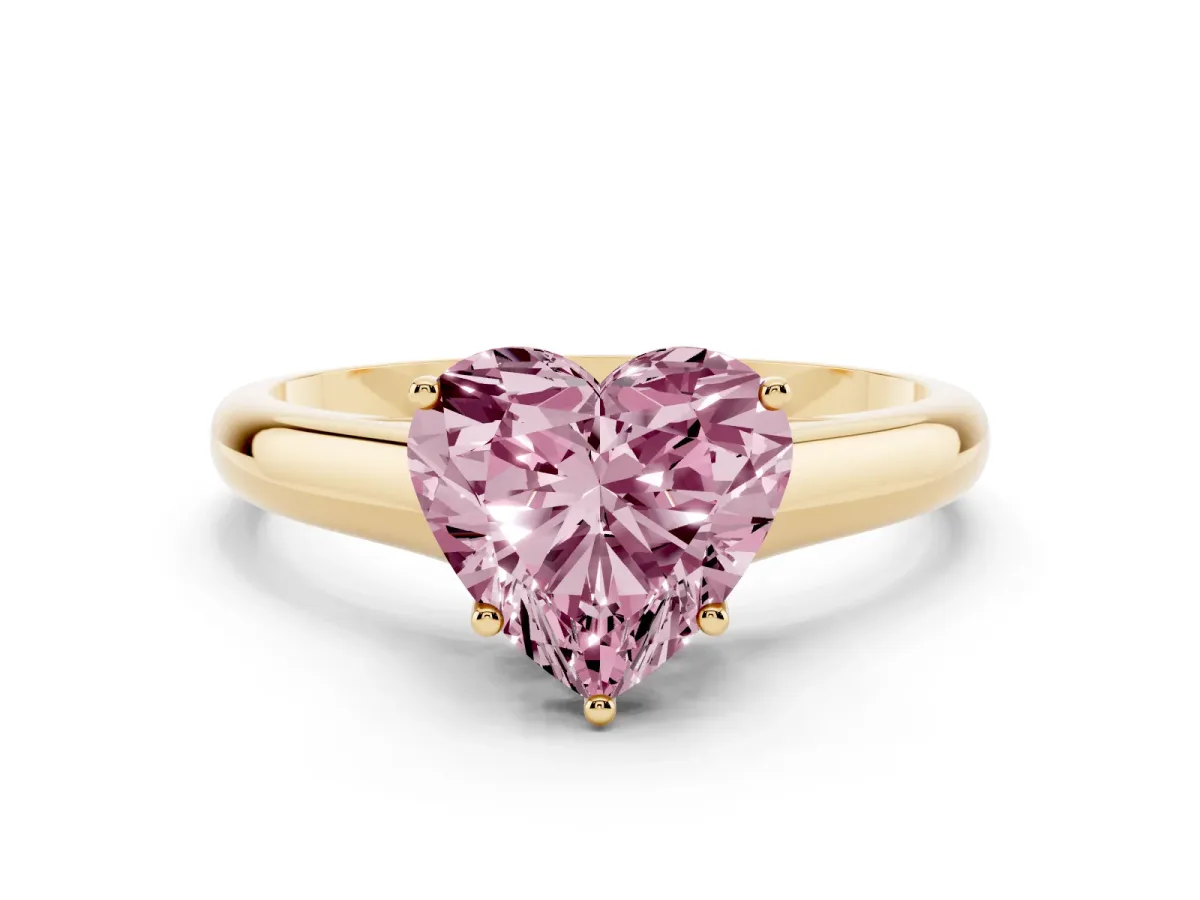 Fancy Pink Heart Cut Cut Diamond Solitaire Engagement Ring with Tapered Plain Band and Four-Prong Setting Yellow gold