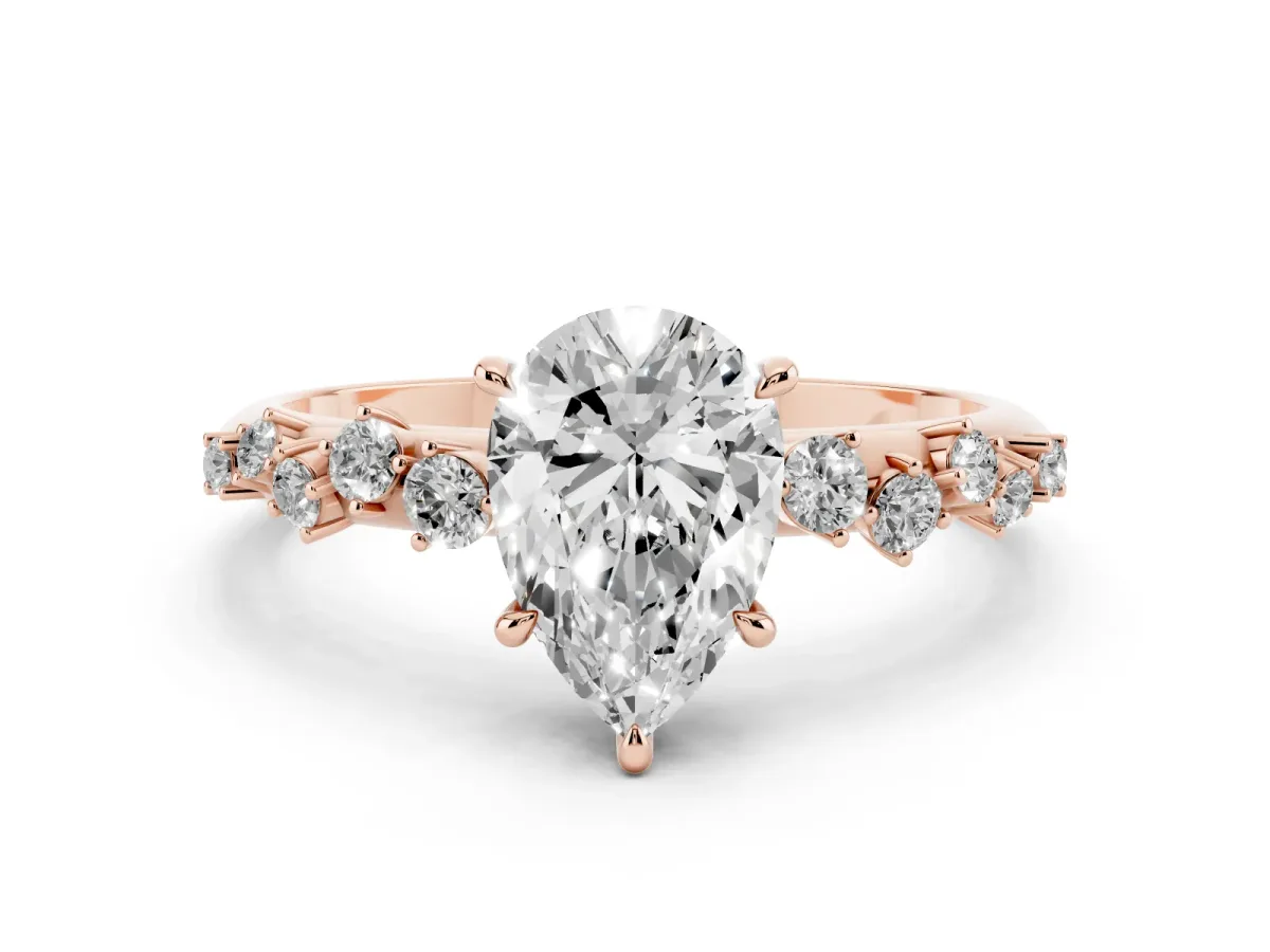Pear Cut Diamond Cluster Side Stone Solitaire Ring with Prong Setting Rose gold