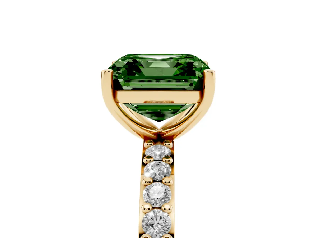 Fancy Green Asscher Cut Cut Diamond Solitaire with Pave Band and Four-Prong Setting Yellow gold