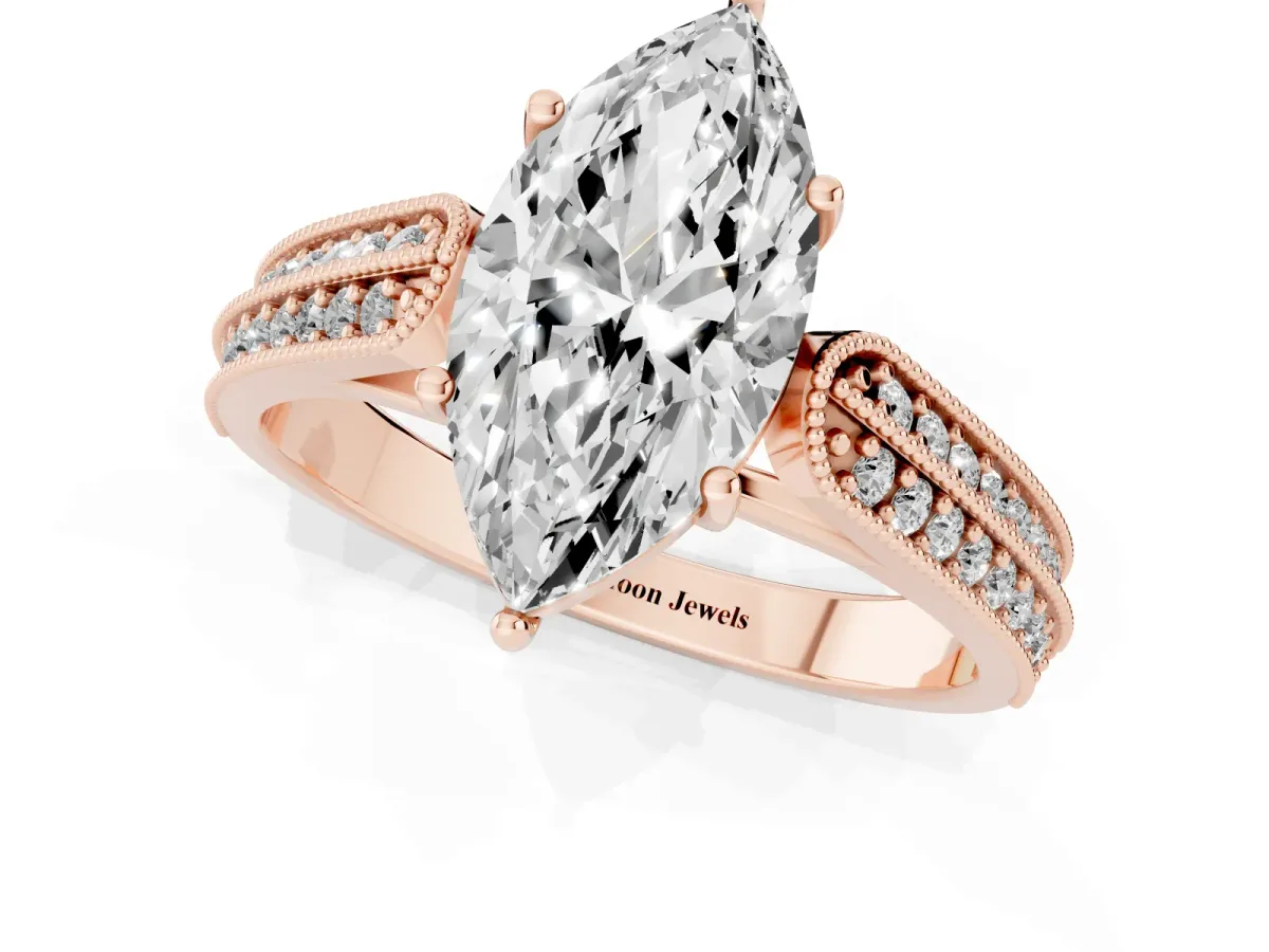 Marquise Cut Cut Pave Split Shank Engagement Ring with Four-Prong Setting Rose gold