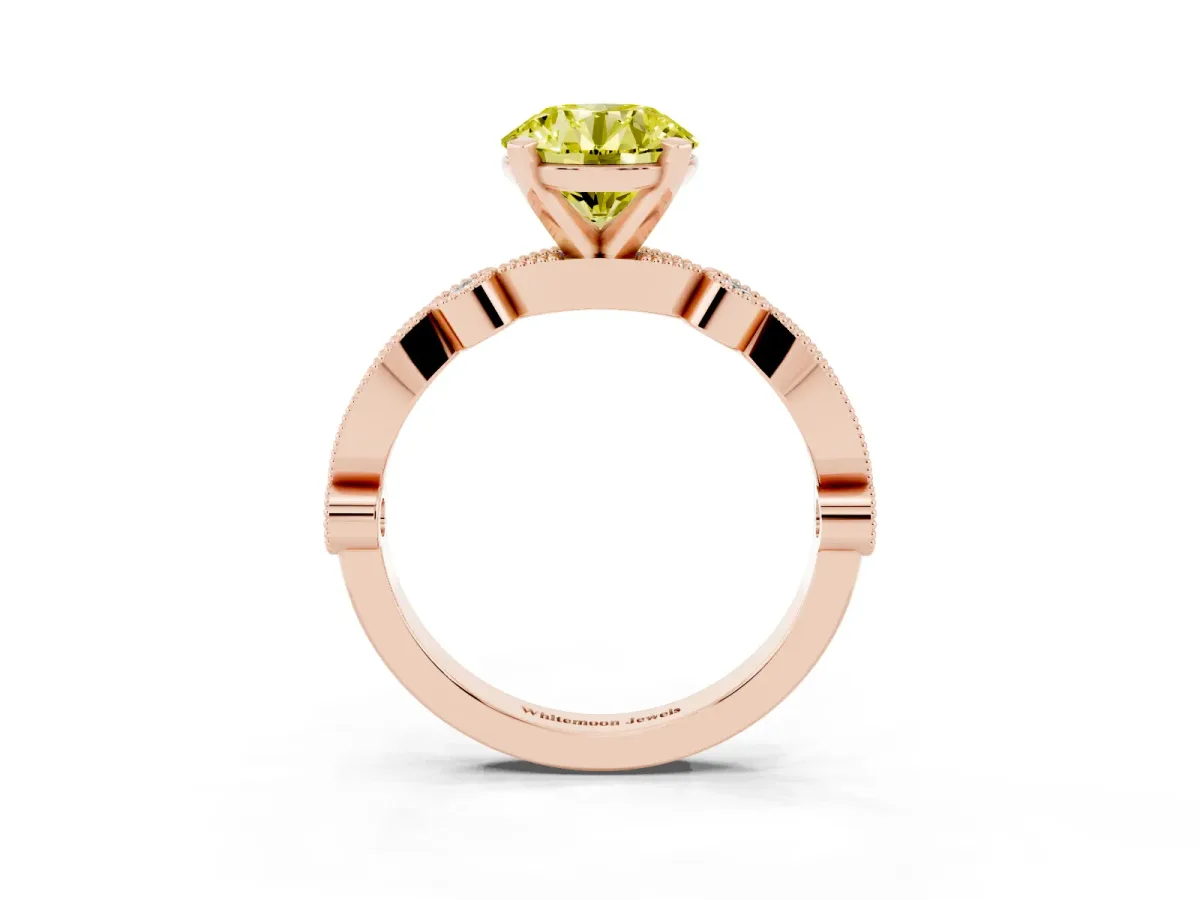Fancy Yellow Round Cut Milgrain Bezel Diamond Engagement Ring with Solitaire Prong Setting Rose gold